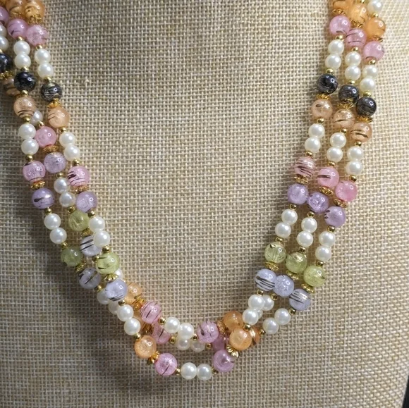Treska Vintage Style Triple Strand Multicolor Faux Pearl Pastel Bead Necklace - Picture 2 of 7